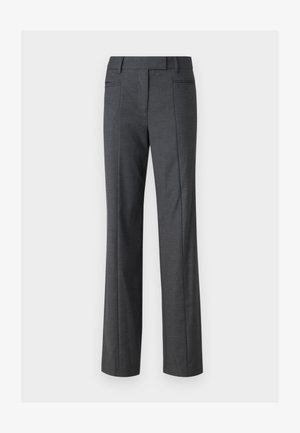 Pantaloni grigi su misura, a gamba dritta, realizzati in un tessuto morbido. Presentano due tasche frontali e un design frontale piatto.
