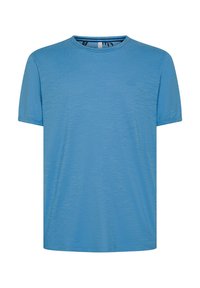 T-shirt azzurro chiaro a maniche corte con colletto tondo, realizzato in un tessuto strutturato. Presenta un logo discreto sul petto.