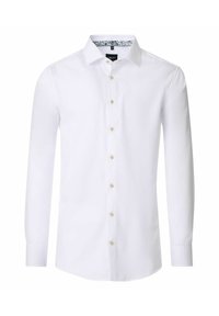 Witte dress shirt, lange mouwen, knoopsluiting aan de voorkant, gouden knopen, contrasterende blauwe patroon binnenkraag, gladde katoenstof.
