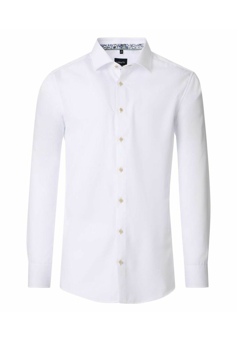 Witte dress shirt, lange mouwen, knoopsluiting aan de voorkant, gouden knopen, contrasterende blauwe patroon binnenkraag, gladde katoenstof.