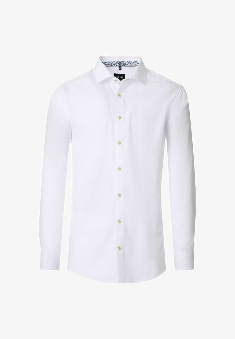 Biała koszula z długimi rękawami, zapinana na guziki, złote guziki, kontrastowy niebieski wzorzysty kołnierzyk wewnętrzny, gładki bawełniany materiał.