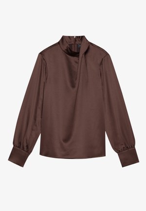 Brown satin blouse with a mock neck, long sleeves, and gathered cuffs. Features a subtle drape and a back zip closure.