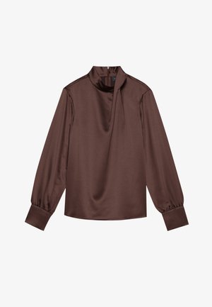 Braune Satinbluse mit einem schmalen Kragen, langen Ärmeln und gerafften Bündchen. Verfügt über einen subtilen Fall und einen Reißverschluss auf der Rückseite.