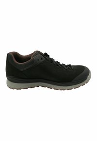 Black suede hiking shoe with a rounded toe, gray rubber sole, and dark brown accents at the collar. Features laces and minimal stitching.