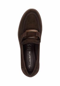 Brown suede slip-on shoe with a rounded toe, decorative metal buckle, and stitching details. Smooth inner lining with brand logo print.