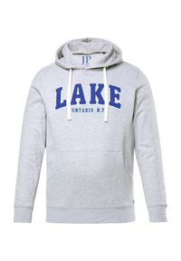 Felpa grigia con cappuccio e tasca frontale, con la scritta "LAKE" in blu e "ONTARIO N.Y." sotto. Cordino sul cappuccio.