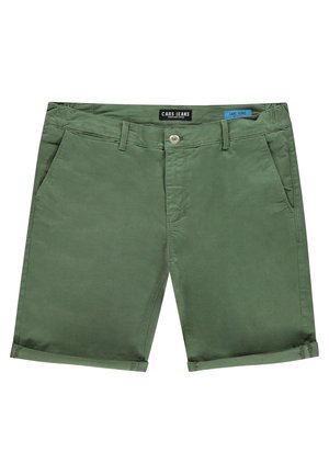 Groene katoenen shorts met een knoopsluiting, twee voorzakken en een opgerolde zoom. Bevat een zwart en blauw logo-label op de tailleband.