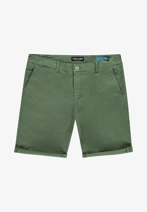 Groene katoenen shorts met een knoopsluiting, twee voorzakken en een opgerolde zoom. Bevat een zwart en blauw logo-label op de tailleband.