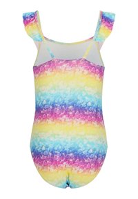 Maillot de bain multicolore avec des rayures dégradées pastel de rose, bleu, jaune et violet, orné de motifs en forme de cœur dans le dos et de bretelles volantes.