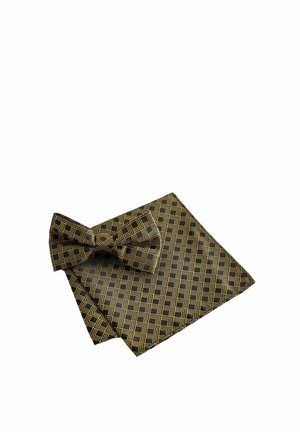 Black and gold patterned bow tie and pocket square set. Geometric design with sharp lines, made of smooth fabric with a subtle sheen.