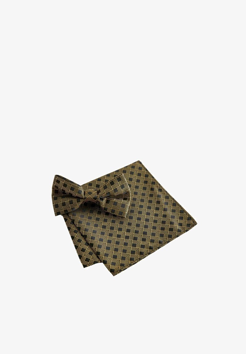 Conjunto de pajarita y pañuelo de bolsillo de patrón negro y dorado. Diseño geométrico con líneas marcadas, hecho de tela suave con un brillo sutil.
