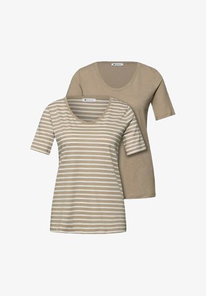 Due T-shirt da donna a maniche corte, una tinta unita beige e una beige con righe orizzontali bianche, entrambe con scollatura a girocollo.