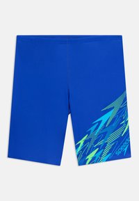 Μπλε μαγιό τύπου jammers με πράσινα και γαλάζια αφηρημένα σχέδια βελών στο δεξί πόδι και το λογότυπο Speedo.