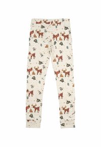 Helle Cremetights mit einem verspielten Muster von braunen Rehen, Blättern und floralen Akzenten, mit enger Passform und elastischem Bund.