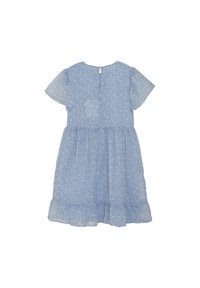 Helles blaues Kleid aus strukturiertem Stoff, mit kurzen Flatterärmeln, rundem Halsausschnitt, gerafftem Saum und kleinen Blumenmustern auf der gesamten Fläche.
