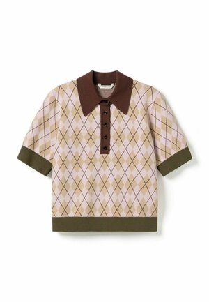 Koszulka polo z krótkim rękawem z dzianiny z brązowym kołnierzykiem, listwą z guzikami i zielonymi mankietami, z beżowo-różowym wzorem argyle.