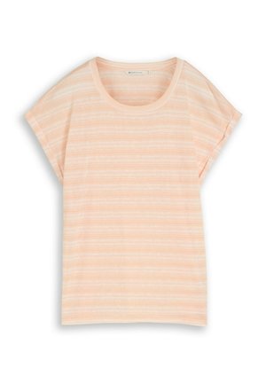 T-shirt femme pêche à manches courtes avec fines rayures blanches horizontales et col rond.