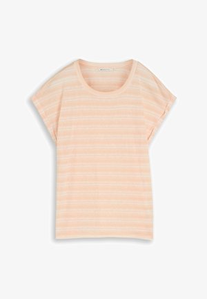 T-shirt femme pêche à manches courtes avec fines rayures blanches horizontales et col rond.