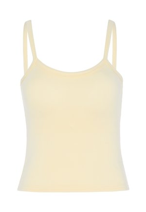Cremefarbenes, geripptes Tanktop mit dünnen Schulterträgern und geradem Ausschnitt, auf weißem Hintergrund dargestellt.