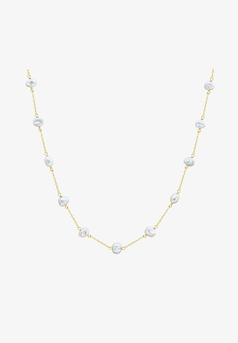 Guldkæde med uregelmæssigt formede hvide perler, der er jævnt fordelt langs længden og fremhæver deres glansfulde tekstur og design.