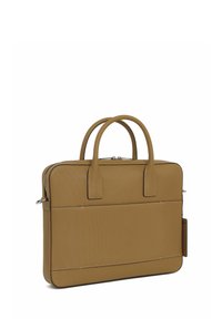 Borsa per laptop in tessuto marrone con manici superiori doppi, chiusura a zip, tasca frontale e dettagli di cucitura a contrasto. Design rettangolare compatto.