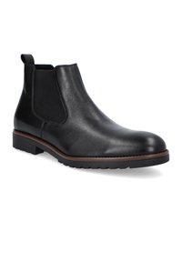 Czarne skórzane botki Chelsea z elastycznymi panelami po bokach, okrągłym noskiem i kontrastującą brązową podeszwą. Gładka faktura z minimalnymi detalami.
