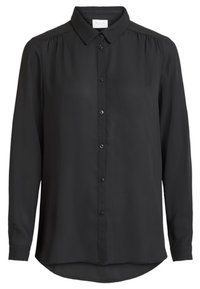 Chemise noire à manches longues en tissu lisse, avec une patte de boutonnage, un col, et un ourlet arrondi pour une coupe décontractée.