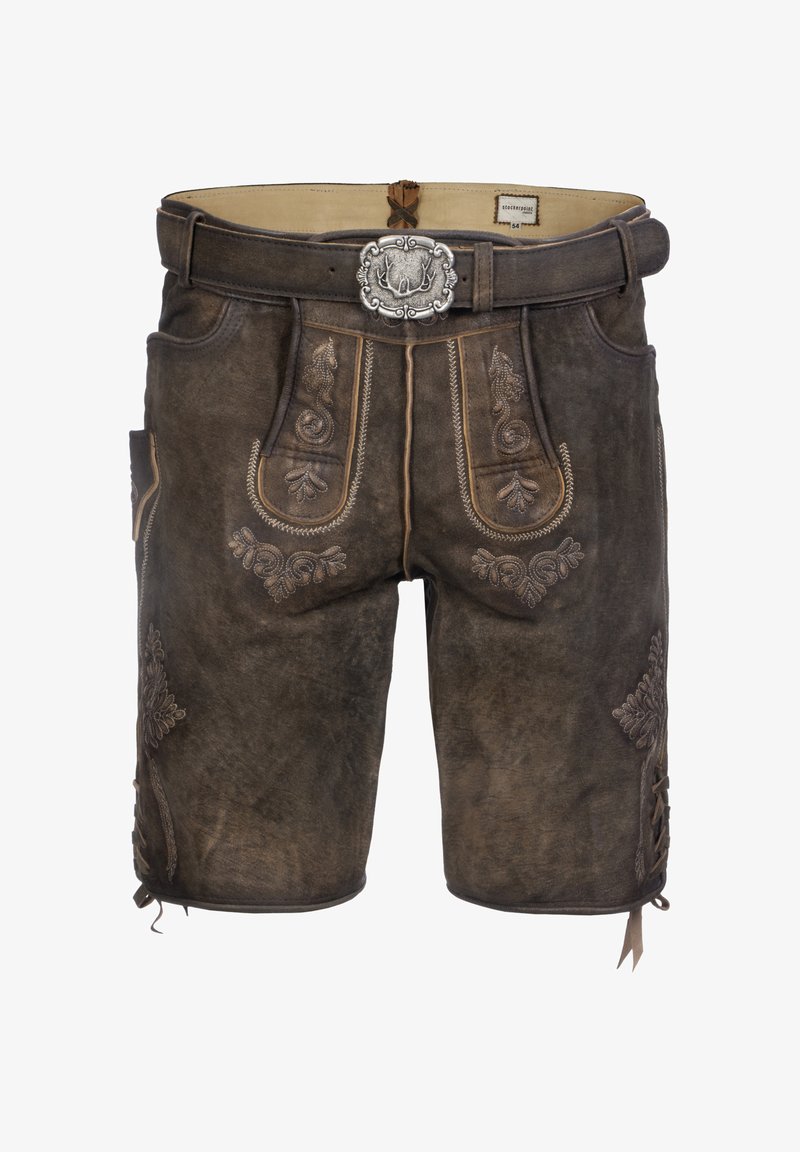Shorts en cuir marron avec une broderie florale complexe, boucle de ceinture en métal argenté et poches latérales. Conception texturée, longueur genoux.