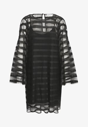 Sort plisseret bluse med gennemsigtigt stof og vandrette striber, lange ærmer og en nøglehulslukning bagpå. Letvægts og flydende design.