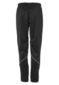 Zwarte sportbroek met een trekkoord in de taille, gemaakt van een gladde, lichte stof. Heeft witte piping langs de zijkanten.