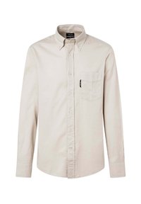 Camicia a maniche lunghe color beige chiaro in cotone. Presenta un colletto button-down, tasca frontale e chiusura con bottoni lungo la pattina.