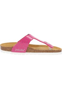Rosa glittriga flip-flops med korkfot, med ett blänkande rem och en vit gummisula. Varumärket "palado" tryckt på sidan.