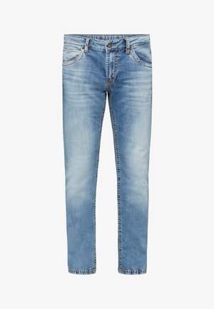 Hellblaue Denim-Jeans mit geradem Schnitt, mit Verblassung im Oberschenkelbereich und kontrastierenden Nähten. Verfügt über fünf Taschen und einen Reißverschluss.