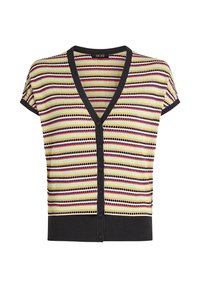 Strick-Cardigan mit kurzen Ärmeln, V-Ausschnitt, mehrfarbigem Streifenmuster, vorderen Knöpfen sowie einem einfarbigen schwarzen Saum und Besatz.