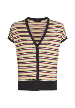 Strick-Cardigan mit kurzen Ärmeln, V-Ausschnitt, mehrfarbigem Streifenmuster, vorderen Knöpfen sowie einem einfarbigen schwarzen Saum und Besatz.