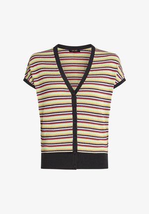 Strick-Cardigan mit kurzen Ärmeln, V-Ausschnitt, mehrfarbigem Streifenmuster, vorderen Knöpfen sowie einem einfarbigen schwarzen Saum und Besatz.