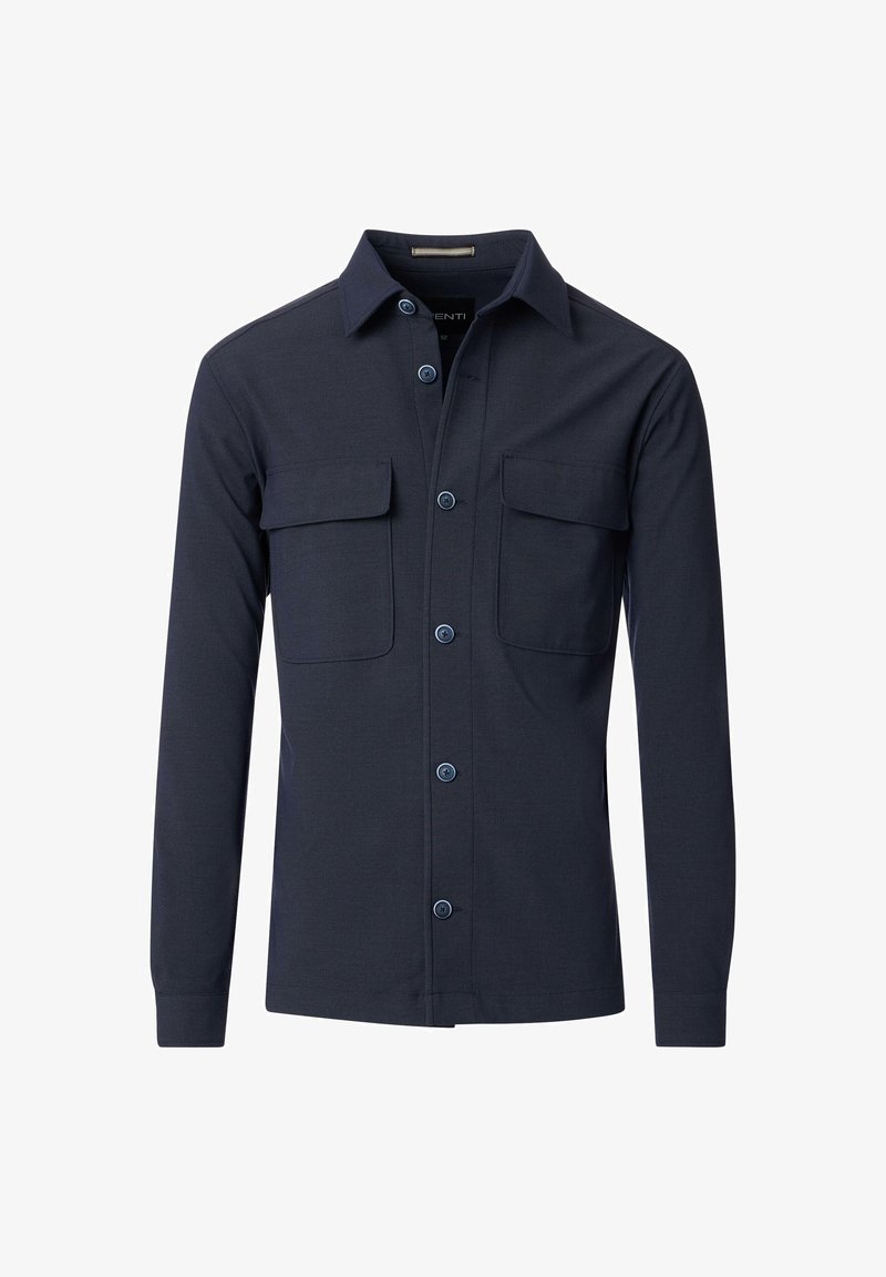 Marineblauwe overhemd met lange mouwen met twee voorzakken, knoopsluiting, strak ontwerp en gladde textuur. Voorzien van bijpassende knopen en kraag.
