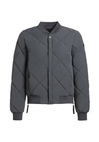 Gequilted bomberjack in donkergrijs, met ribgebreide manchetten en zoom, drukknoopsluiting en zijzakken met rits. Glad, synthetisch materiaal.