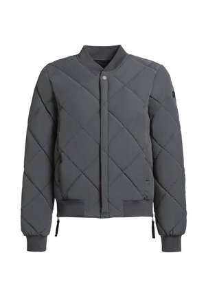 Chaqueta bomber acolchada en gris oscuro, con puños y dobladillo acanalados, cierre con botones a presión y bolsillos laterales con cremallera. Material sintético liso.