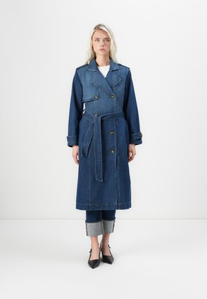 Denim trench coat with a double-breasted design, blue color, belted waist, and shoulder epaulets. Features long sleeves and a mid-calf length.