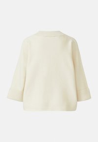 Cream-colored sweater with a round neckline, three-quarter sleeves, and ribbed cuffs. Smooth texture with no visible patterns or details.