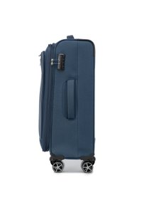 Valigia rigida blu con finitura testurizzata, maniglia laterale, lucchetto TSA e quattro ruote girevoli a 360 gradi per una facile mobilità.