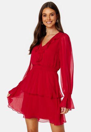 Bubbleroom V-NECK FRILL L/S CHIFFON DRESS - Cocktailklänning - red