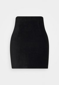 Černá žebrovaná mini sukně s vysokým pasem, měkkou texturou a elegantním siluetou, vhodná pro různé styly.