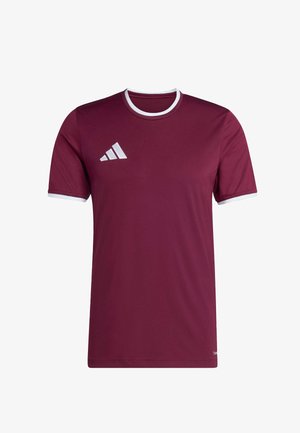 Camiseta deportiva de manga corta color granate con logo blanco de Adidas en el pecho y ribete blanco en el cuello y los bordes de las mangas.