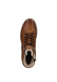 Braune Leder-Stiefelette mit Schnürdesign, gepolstertem Schaft und Fellfutter. Sie hat eine runde Zehenpartie und eine Gummisohle mit Markenlogo.