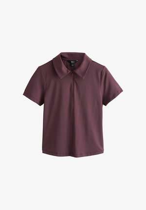 Cămașă vișinie cu mâneci scurte și guler, cu fermoar frontal, așezată plat pe un fundal alb.