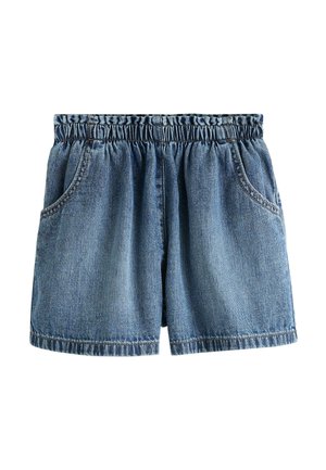 Blå denimshorts med elastisk talje og forlommer, designet til en behagelig pasform.