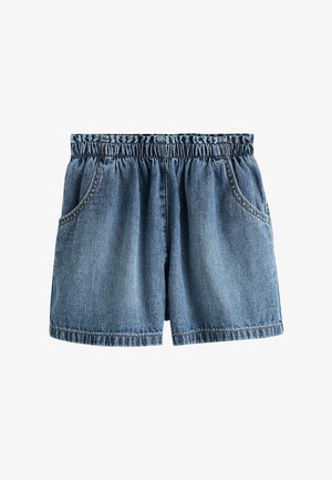 Blå denimshorts med elastisk talje og forlommer, designet til en behagelig pasform.