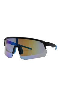 Occhiali sportivi da sole con montatura nera, lenti a sovradimensione con gradiente blu e arancione, e fessure di ventilazione sulla parte superiore per la traspirazione.